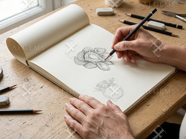 Two hands sketching the Diamond Petal Ring in a cream sketchbook beside a window, without printed product photographs