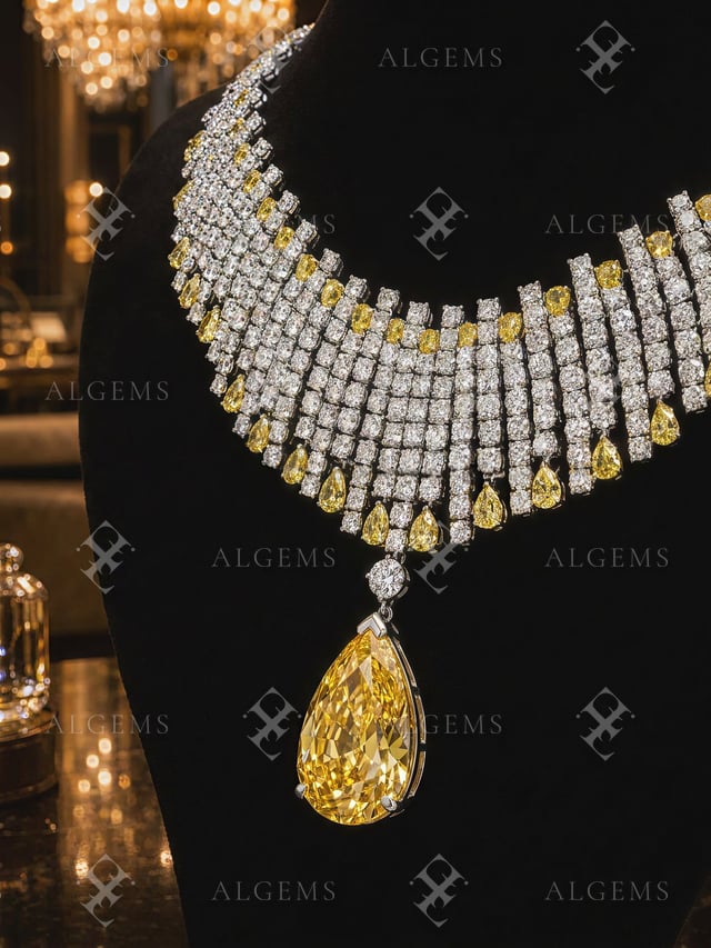 Close portrait of the Canary Fringe Necklace with white and yellow diamond rows and a large yellow pear drop on a black bust in a warm salon