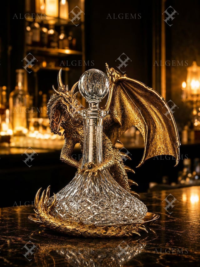 Cut-crystal decanter surrounded by a winged gold dragon, with a faceted orb stopper