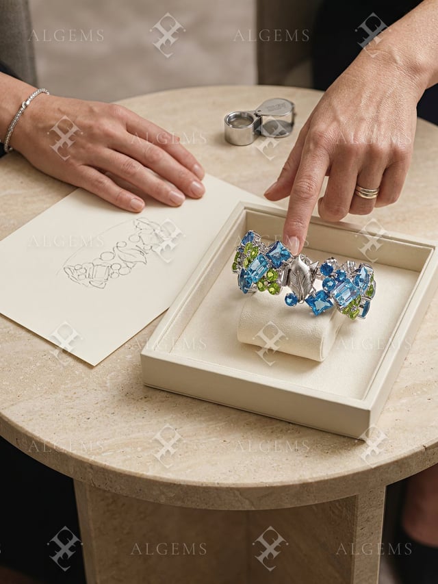 Two hands discussing a blue and green dolphin-motif bracelet on an ivory support beside a graphite study