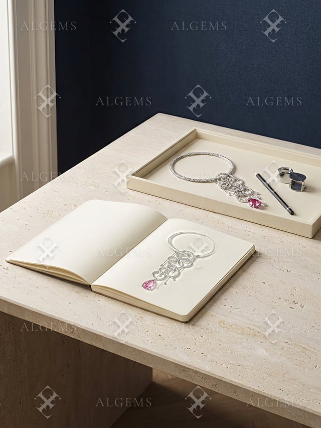Atelier desk with a Pink Cascade necklace in an ivory tray and a matching sketchbook study