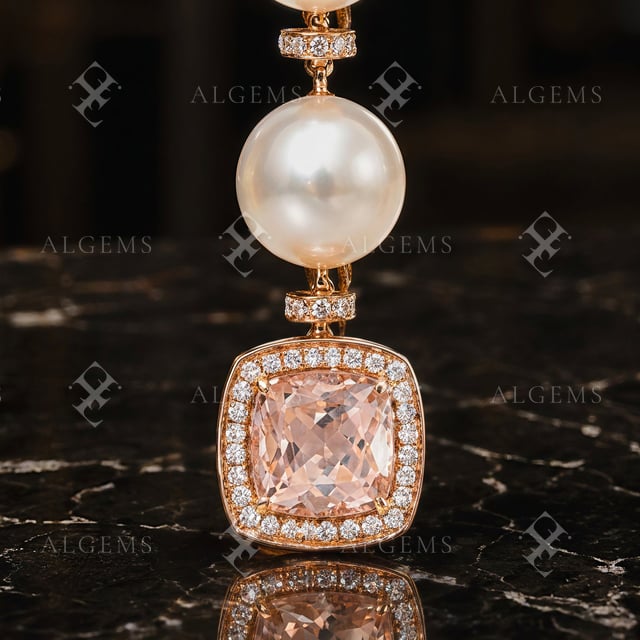 Close detail of one white pearl linked to a peach-pink cushion morganite and diamond halo in warm rose gold, above dark marble