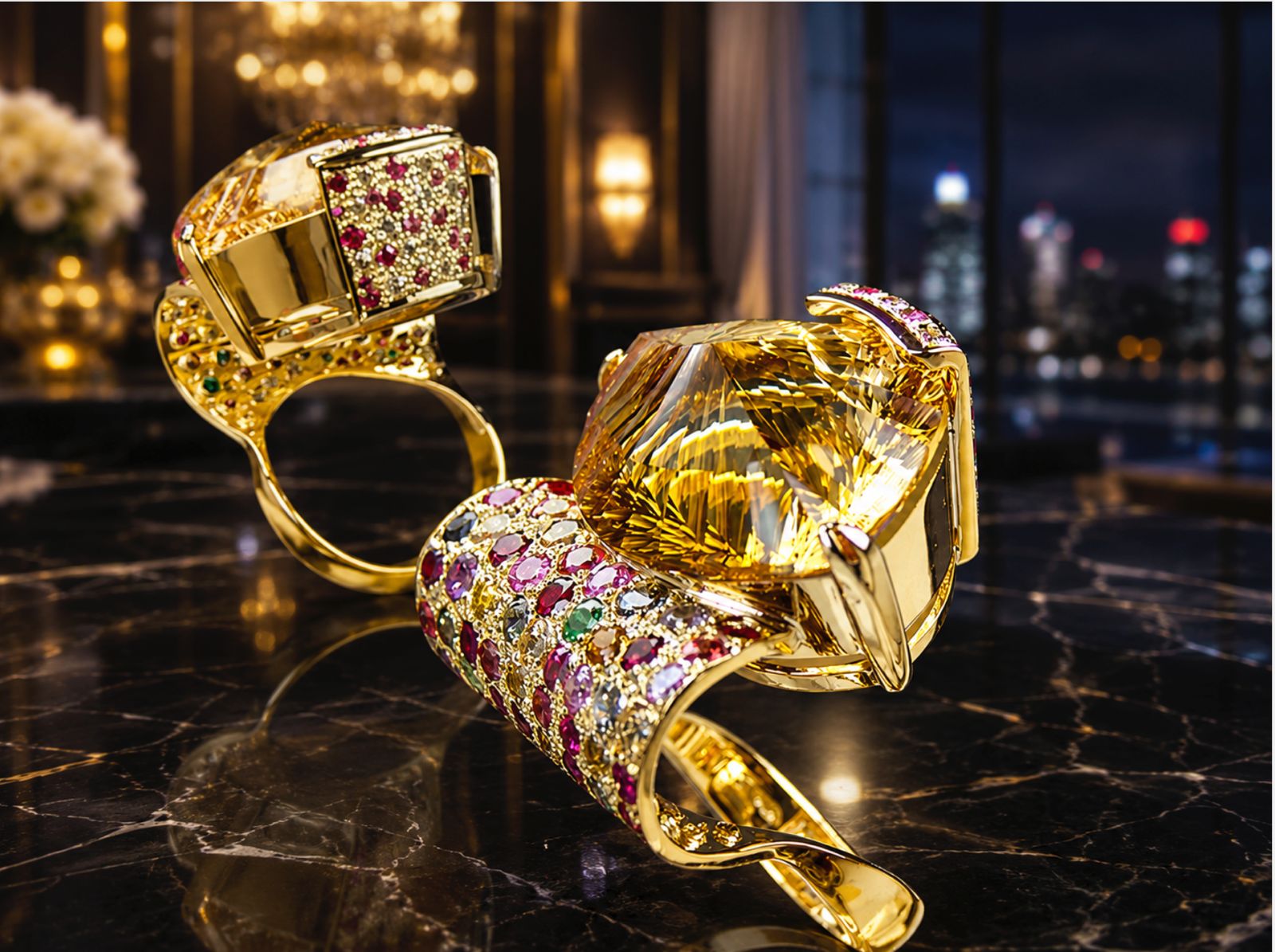 Two high-jewellery cocktail rings with coloured gemstones
